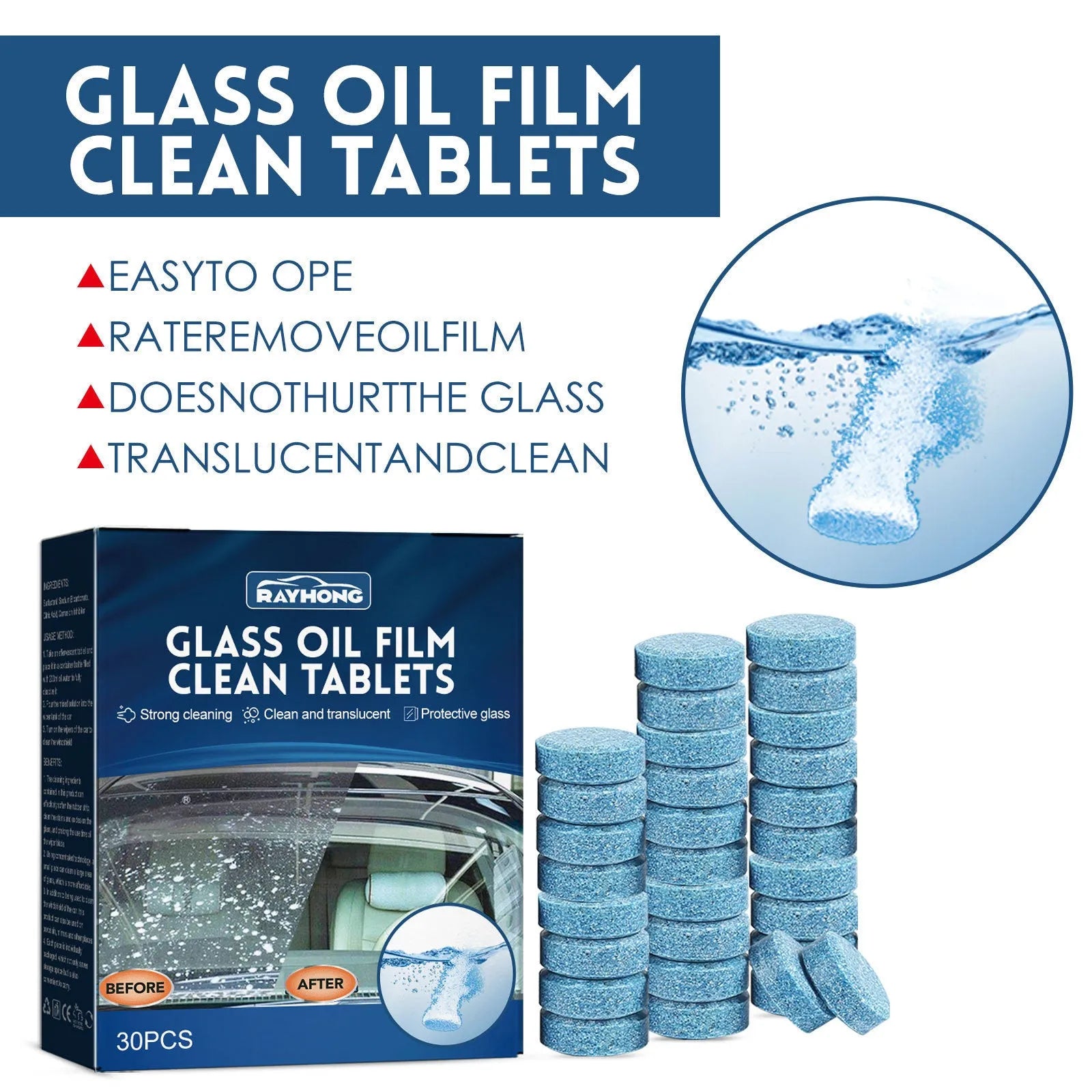 Box of 30 car oil-removing film cleaning effervescent tablets for vehicle glass