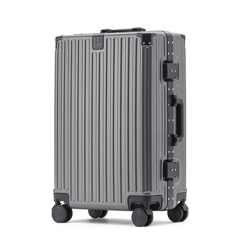 Aluminium frame trolley suitcase in avocado green with multi-functional pockets and USB port.