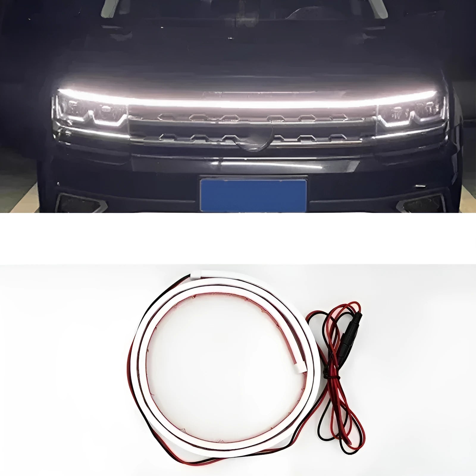 Flexible silicone LED daytime running light strip shown in white, red, and ice blue colours.