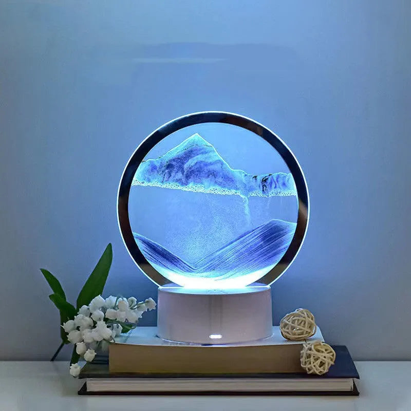Creative 3D Quicksand glass table lamp with touch control and USB plug, showing blue light.