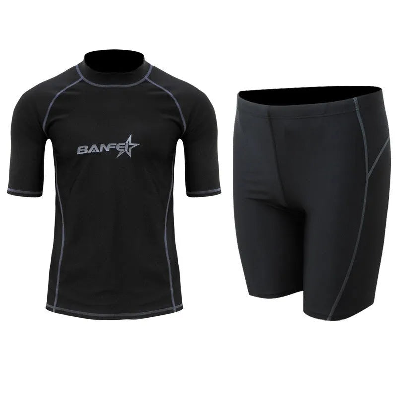 Men's half sleeve nylon swim suit top and pants set on a white background