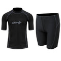 Men's half sleeve nylon swim suit top and pants set on a white background