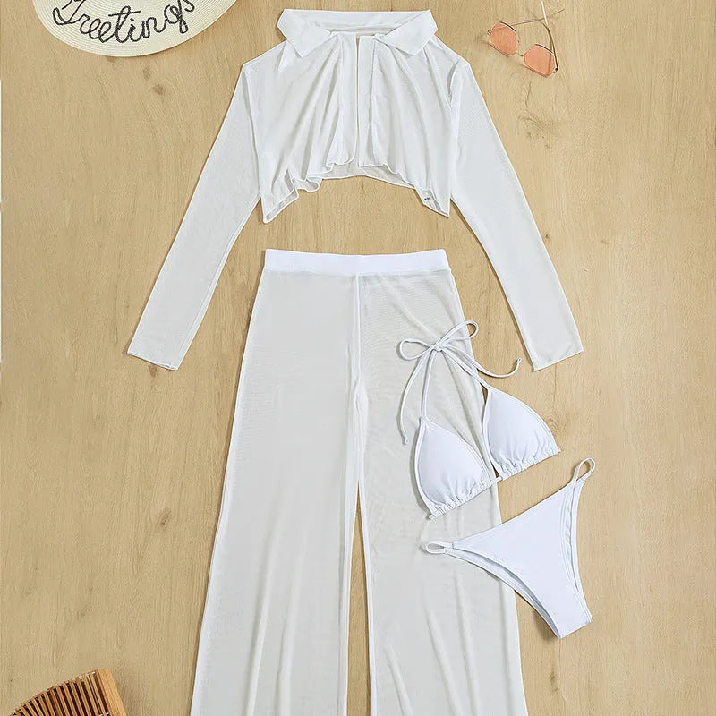 White women's swimsuit four-piece set with backless top and high-waist trousers