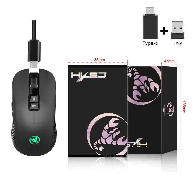Black wireless ergonomic gaming mouse with colourful breathing light and adjustable DPI settings on a desk.