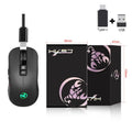 Black wireless ergonomic gaming mouse with colourful breathing light and adjustable DPI settings on a desk.