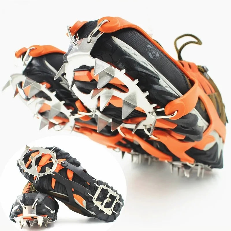 Reinforced non-slip crampons for shoes in black colour with large teeth, shown on a snowy surface