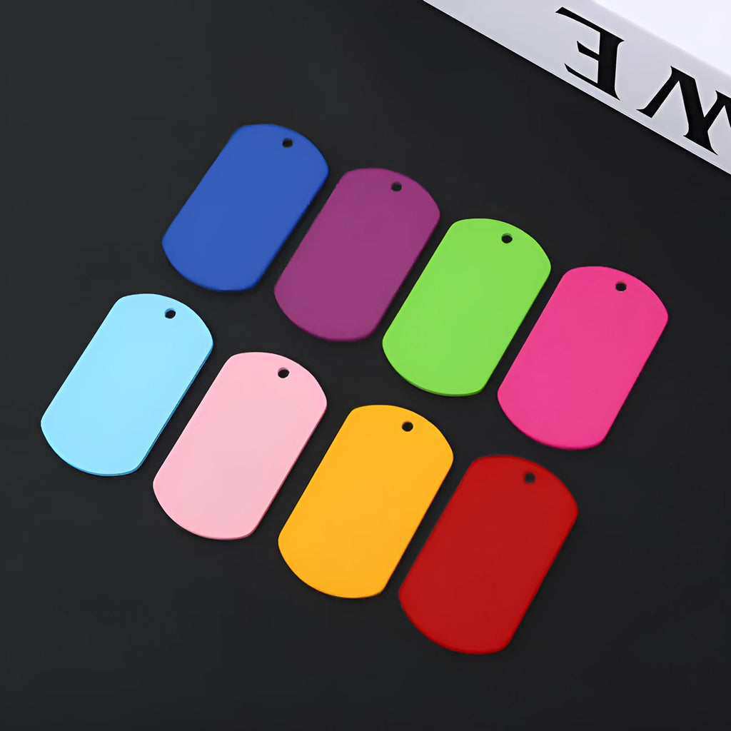 Stainless steel hang tag 49x28mm with coloured string showing monochrome pattern for pet dog ID