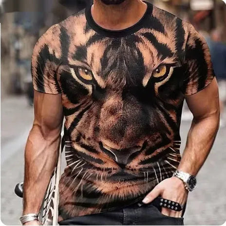 Men's black t-shirt featuring a fierce lion face with raised 3D graphic print.