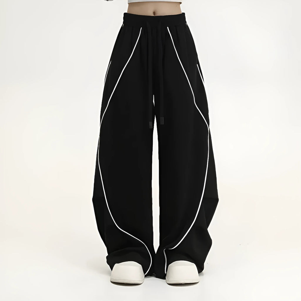 Black striped hip hop trousers with pleated wide-leg design for dance and casual wear