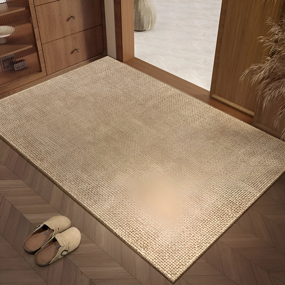 Beige rectangle linen home mat with printed plant and flower pattern in modern simplicity style, 60x90cm size