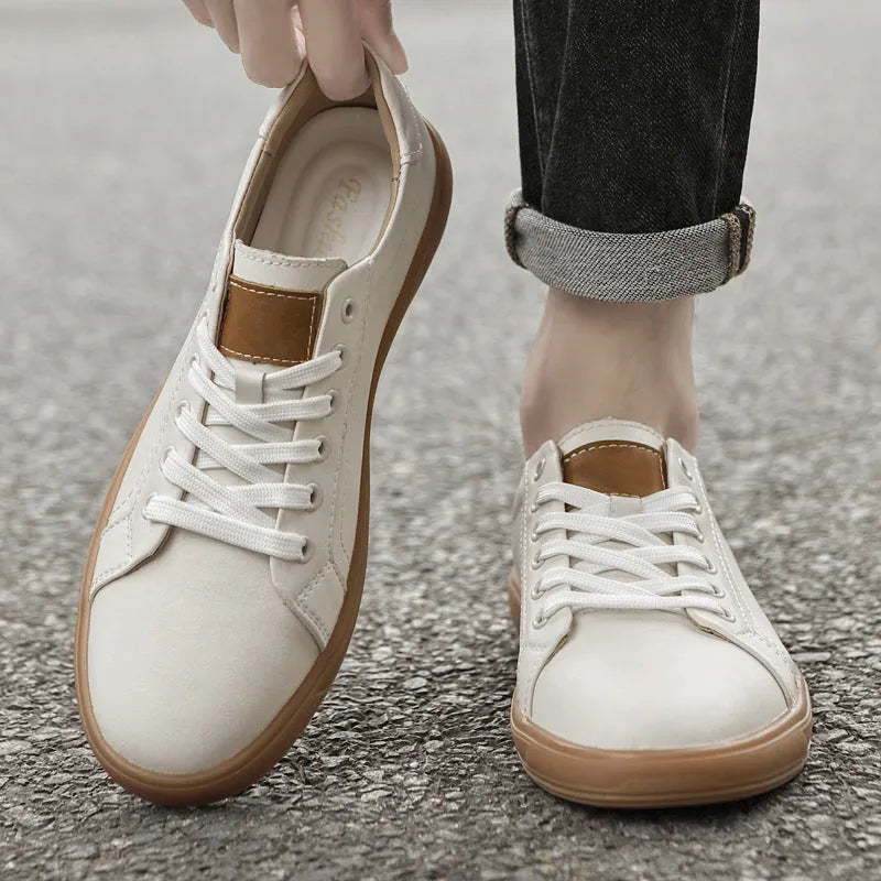 Spring fashion genuine leather low-top lace-up casual shoes for men, solid colour round toe, khaki colour