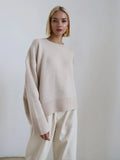 Thick round neck loose knitted pullover sweater for women in macaron colours light gray dark green brown pink