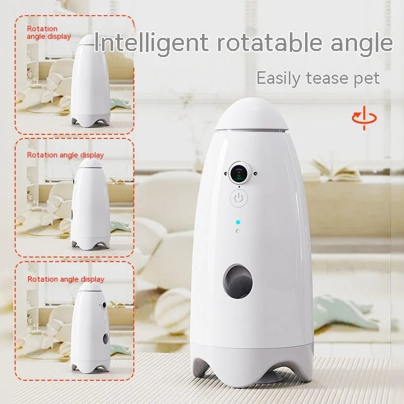 Smart pet feeder in white with built-in camera and APP remote control for dogs and cats, size 270mm by 120mm