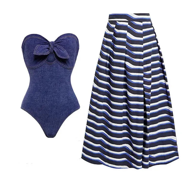 Women's vintage denim swimsuit one-piece with coordinating skirt in Y258 colour