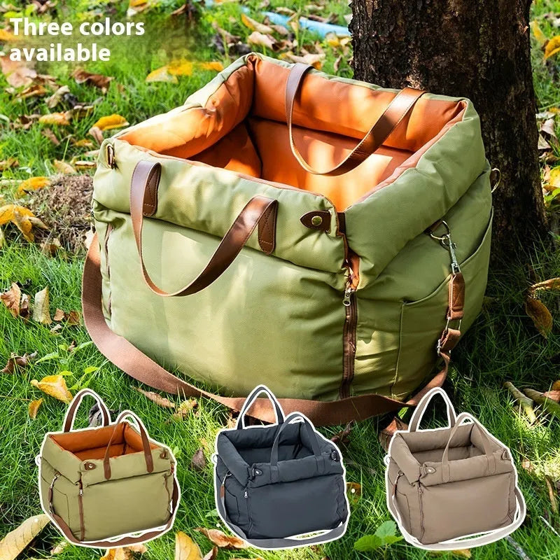 Brown portable car kennel for cats with removable cloth cover showing 55x50x45cm dimensions