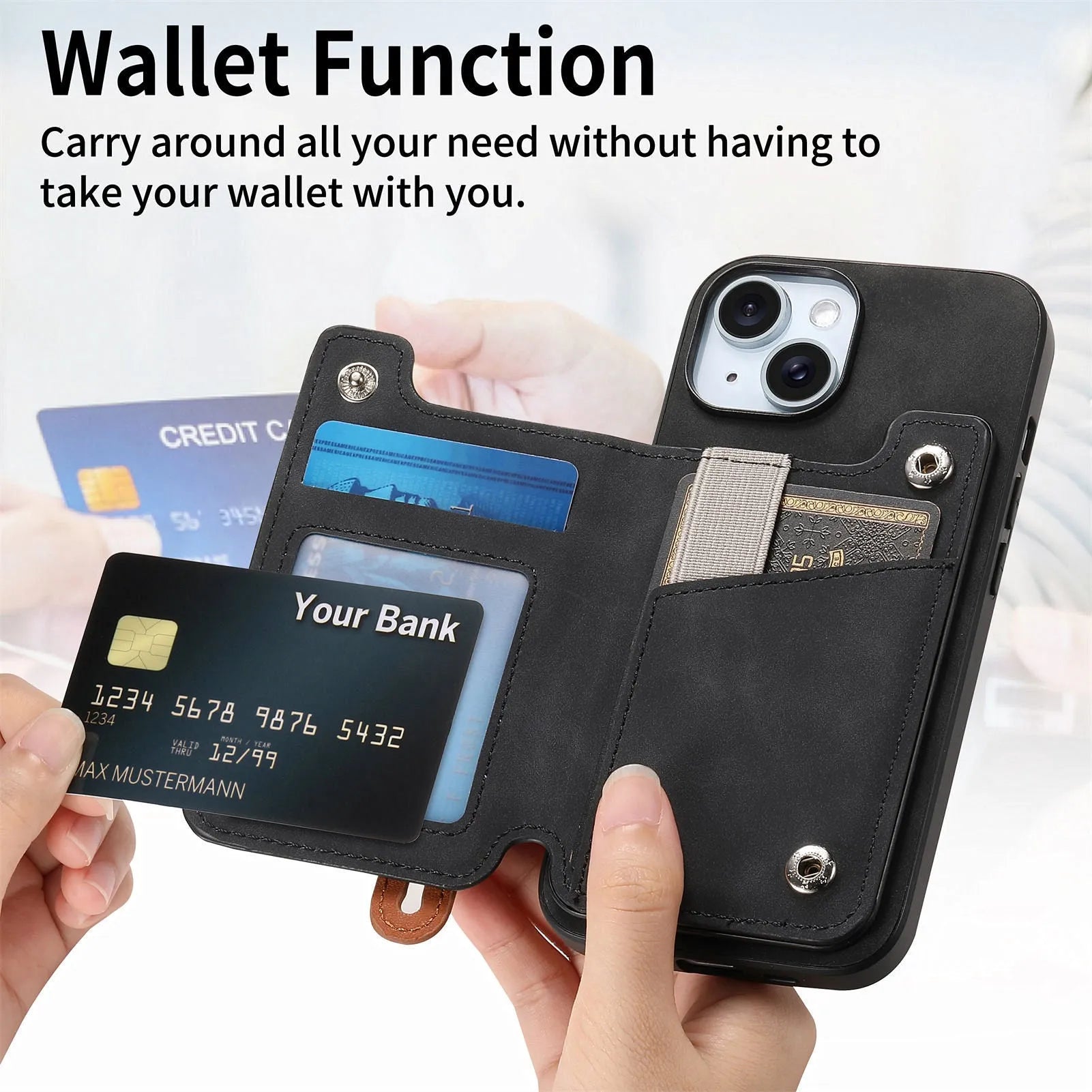 Flip open card holder wallet phone case for Apple iPhone with bracket and magnetic closure in black imitation leather