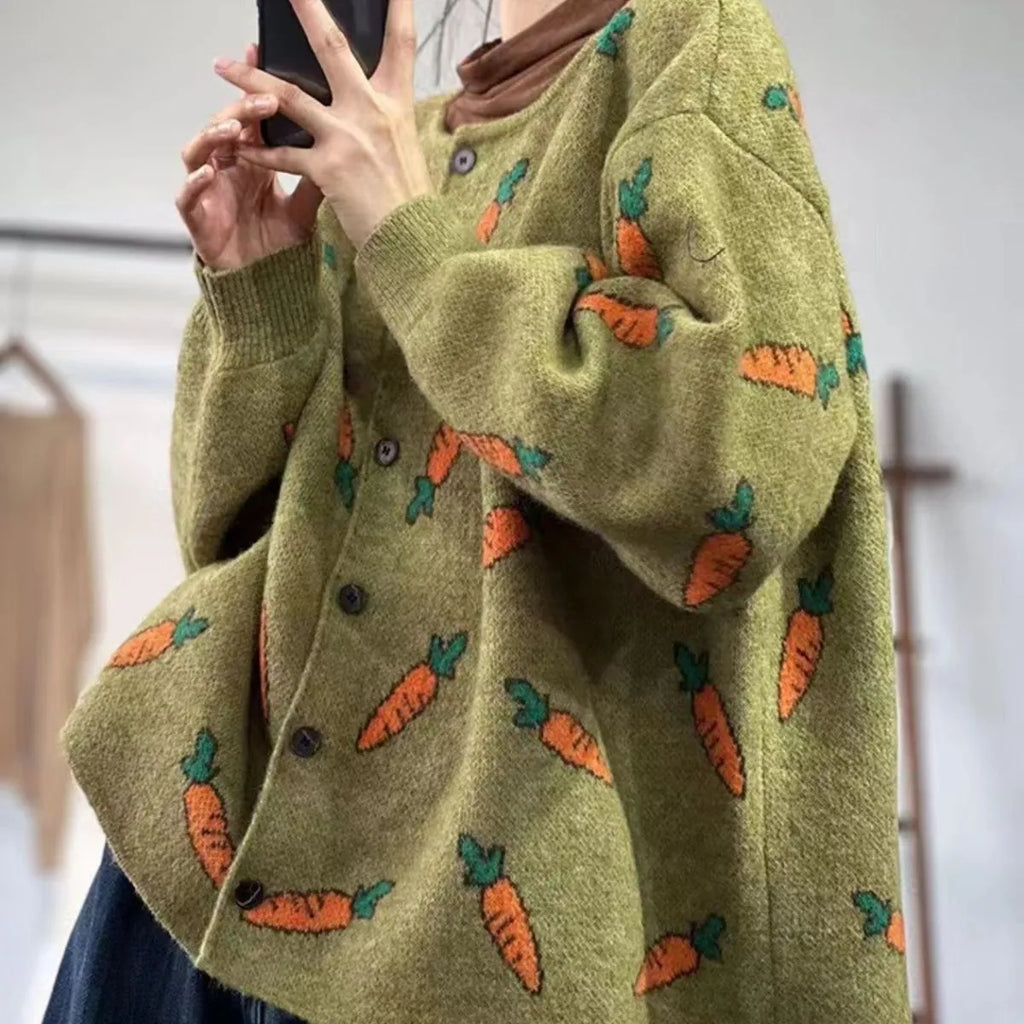 Grey loose cardigan with colourful Mori artistic printing and a round neck.