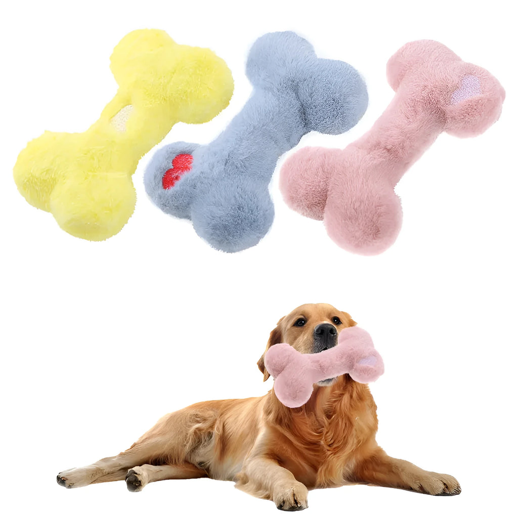 Blue love bone plush dog toy with vocal sound unit and squeaker for interactive chewing play.