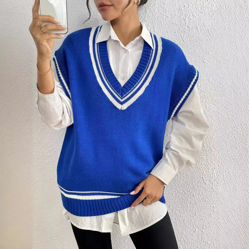 Women's loose-fit acrylic college-style pullover vest sweater in black, blue, or coffee.