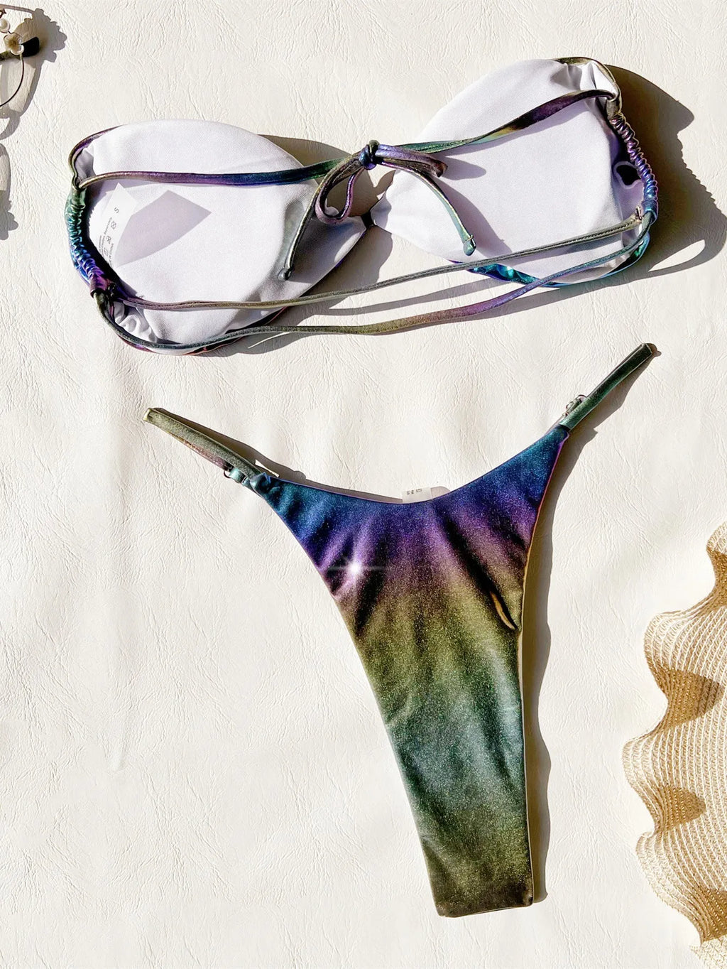 Women's purple gradient bikini swimsuit set on a white background