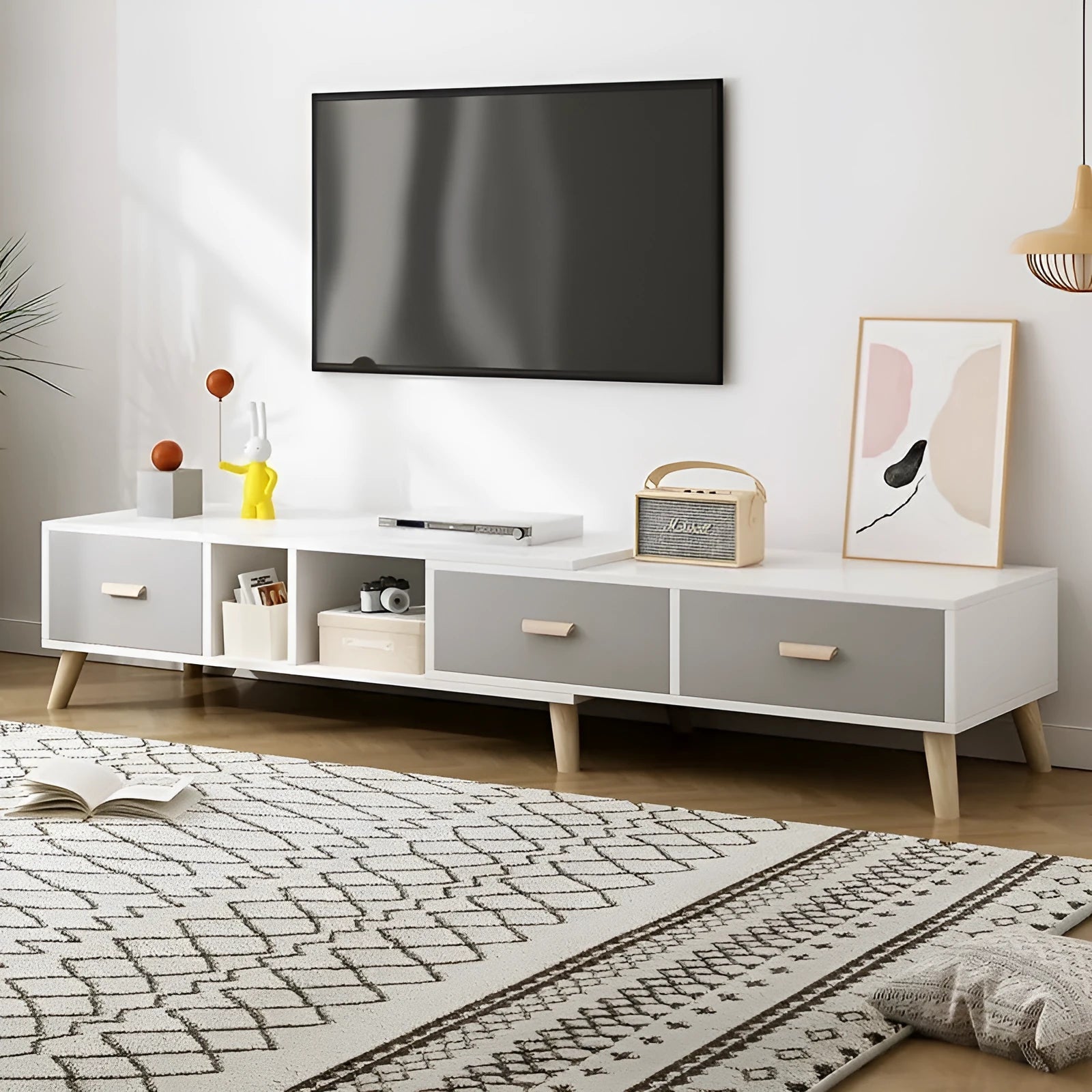 Retractable electric TV cabinet in Pastoral Oak Warm White, size 198cm, for small apartment living room