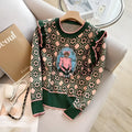 Green printed women's sweater with loose fit commuting style and regular sleeves