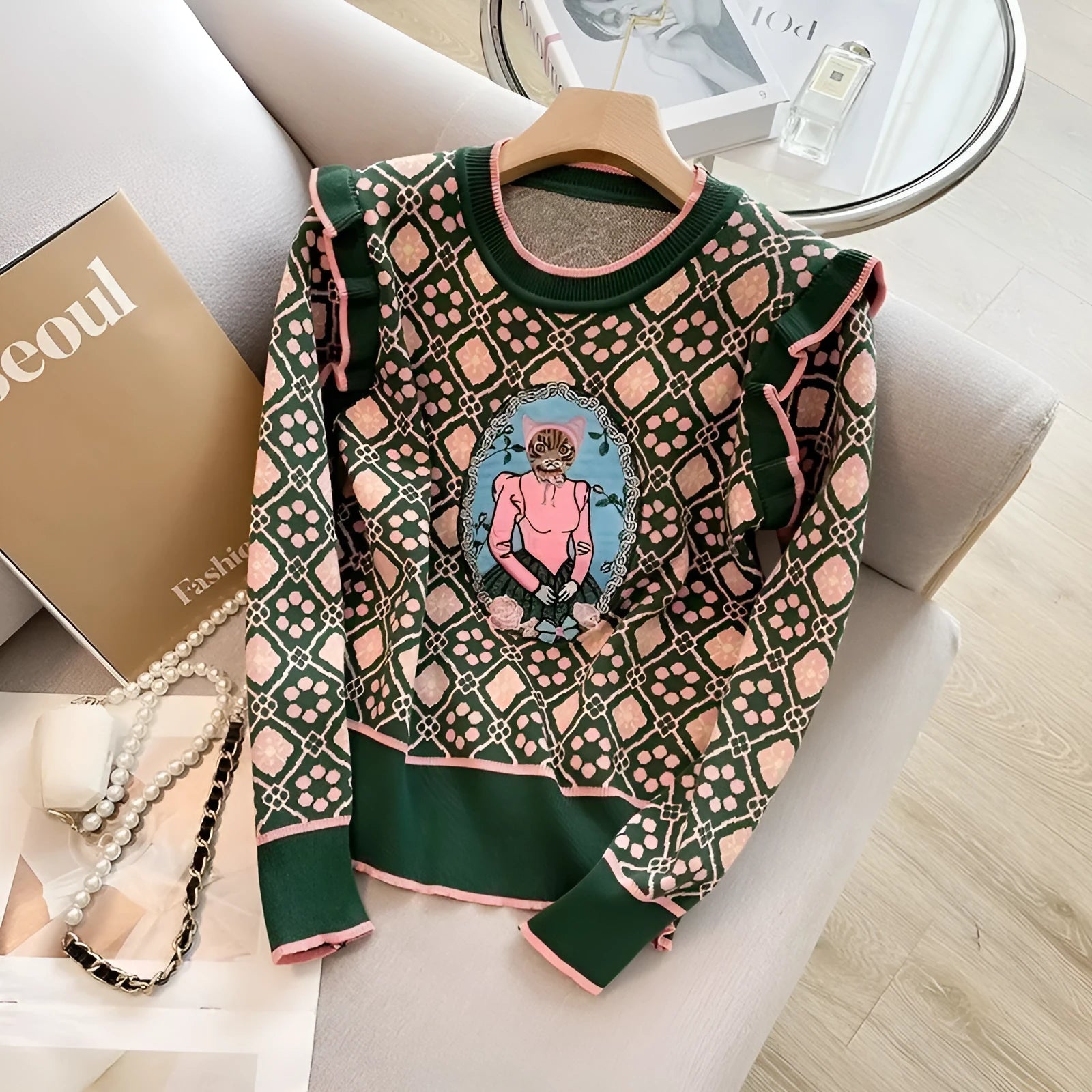 Green printed women's sweater with loose fit commuting style and regular sleeves