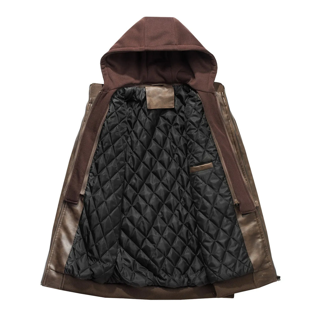 Men's casual motorcycle jacket in PU leather with removable cap collar, zip front, ribbed hem, side slit pockets, grey black or coffee