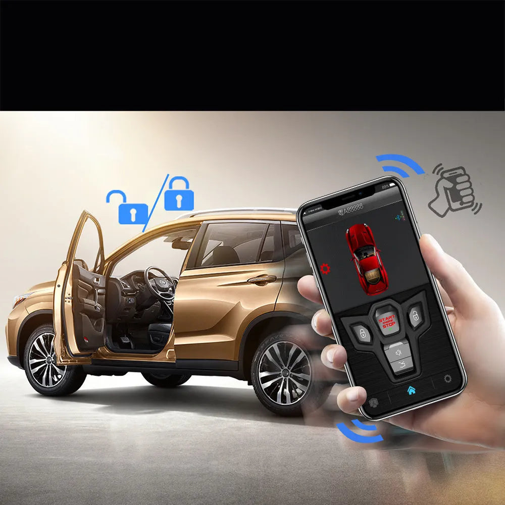 Red and frosted black one-way remote control car alarm unit with two remotes for vehicle security.
