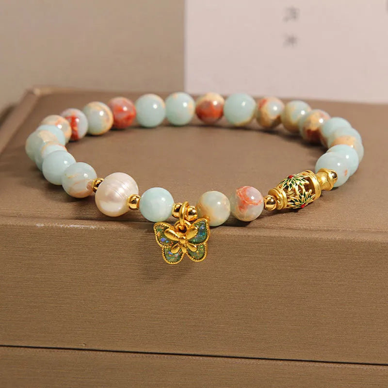 Blue freshwater pearl bracelet with Shoushan stone butterfly pendant for women