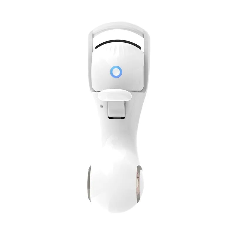 Electric eyelash curler in pink or white with silicone pad, USB cable, and three-speed temperature control.