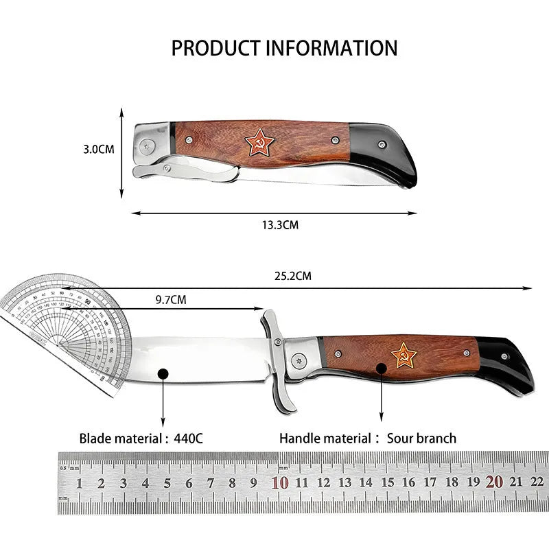Multi-function folding camping knife with 440C blade, sandal wood handle, and cowhide sheath, 25.2cm total length