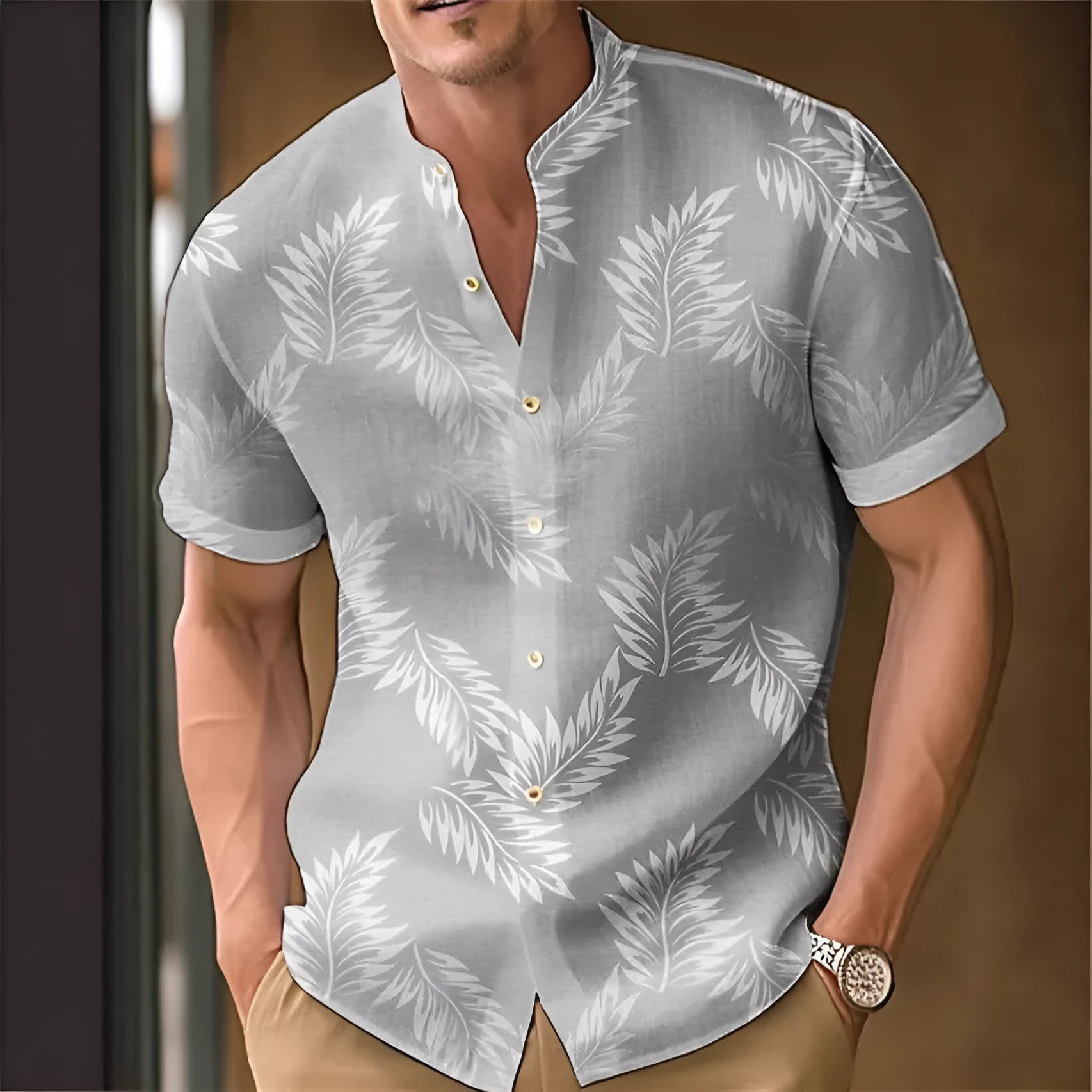 Men's casual printed shirt in polyester fabric on a hanger, showing one of eight available colour codes.