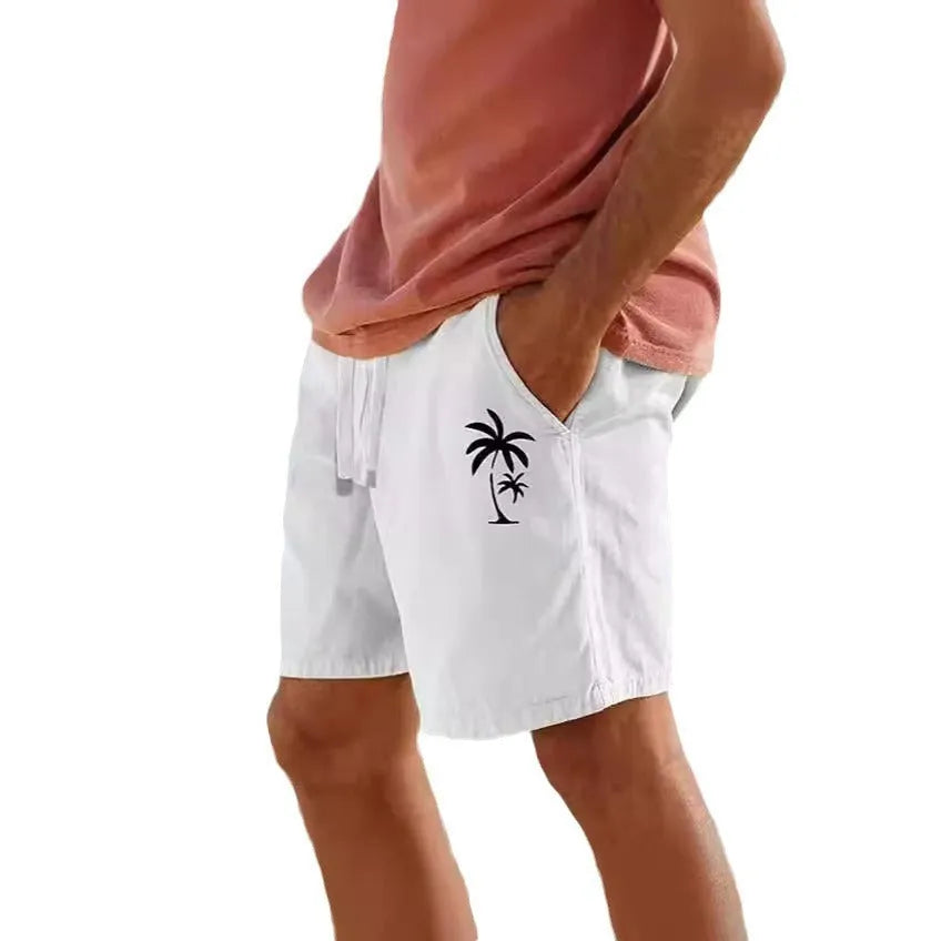 Man wearing army green cotton blend drawstring elastic shorts with a straight-leg mid-length cut.