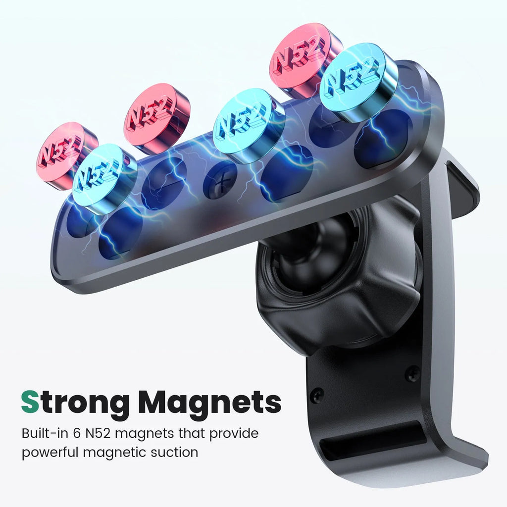 Black ABS silicone car phone holder bracket with 360 rotation and 8 strong magnets on a curved dashboard