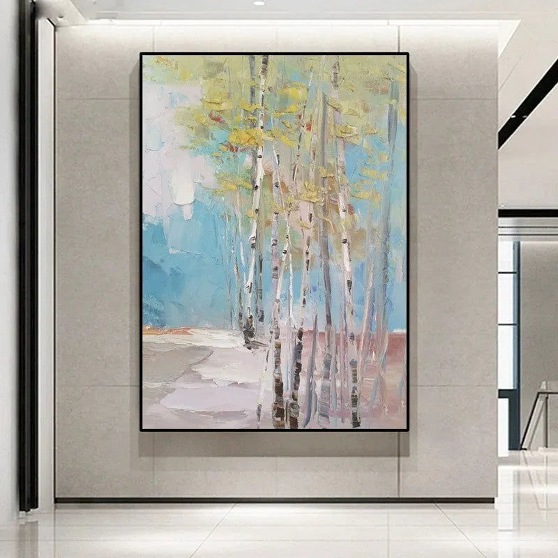 Handmade oil painting of a birch forest landscape on canvas, frameless and unstretched for wall decor