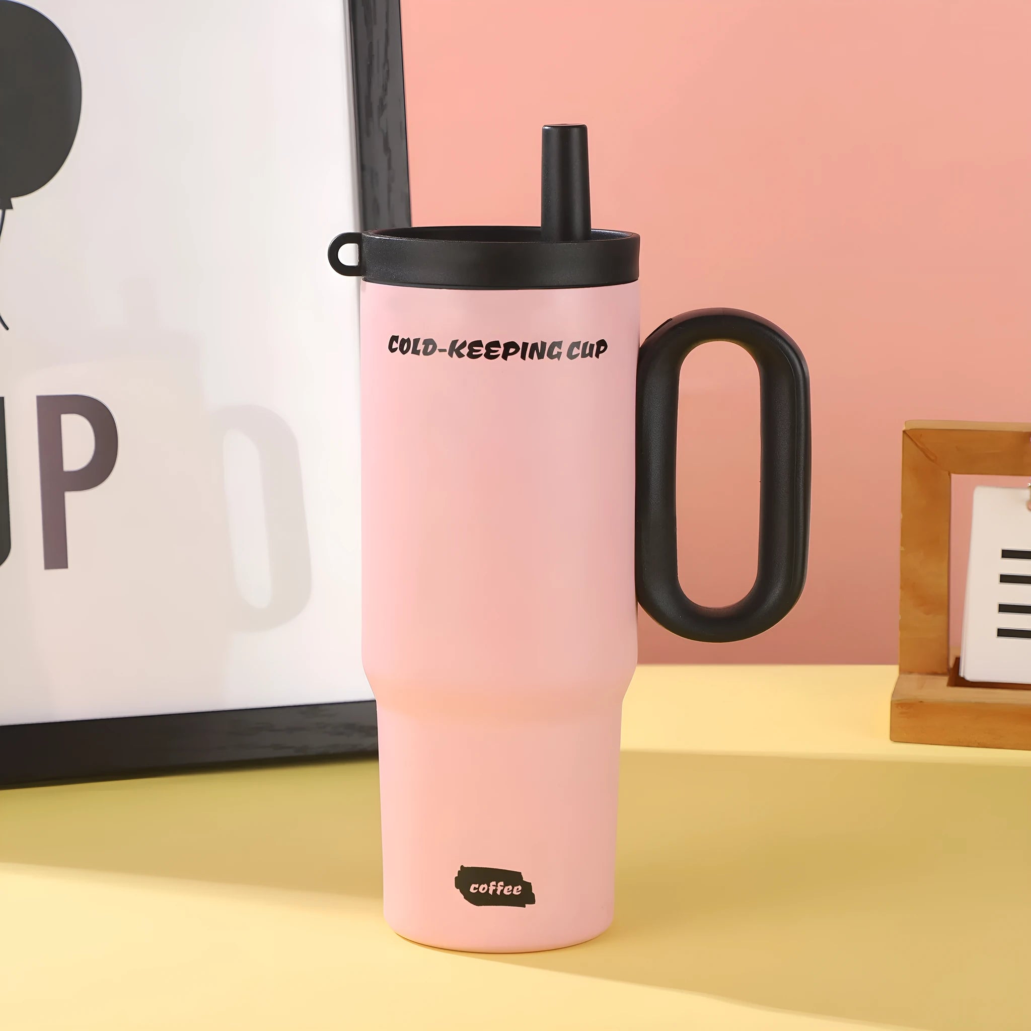 Large portable ice bucket cup with handle and straw in five colour options: black, pink, sky blue, white, and yellow.