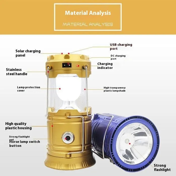 Solar multi-functional portable camping lamp with LED beads, in black, blue, and gold options