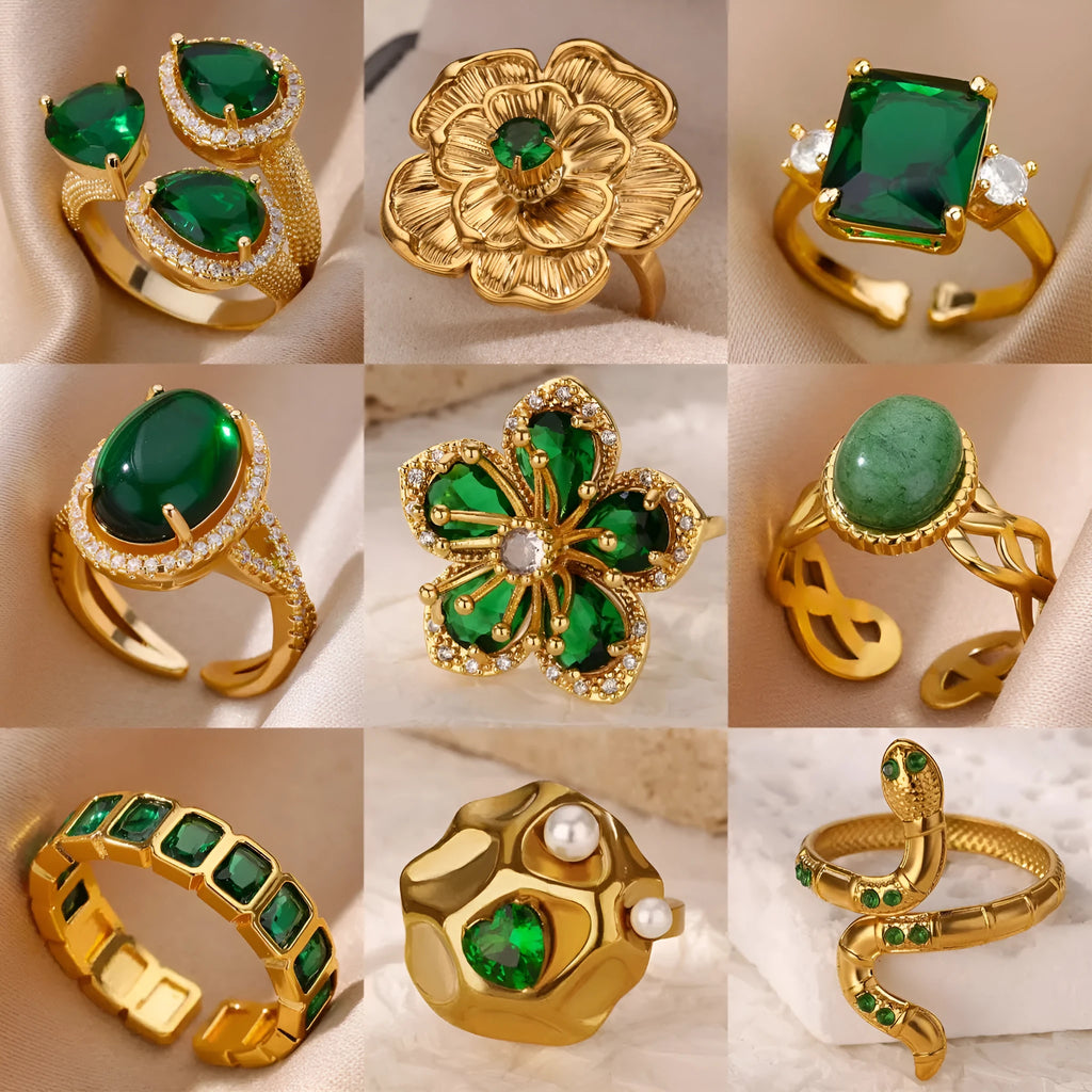 Green zircon flower ring with adjustable open-mouth stainless steel band, sizes 6 to 8, retro geometric design