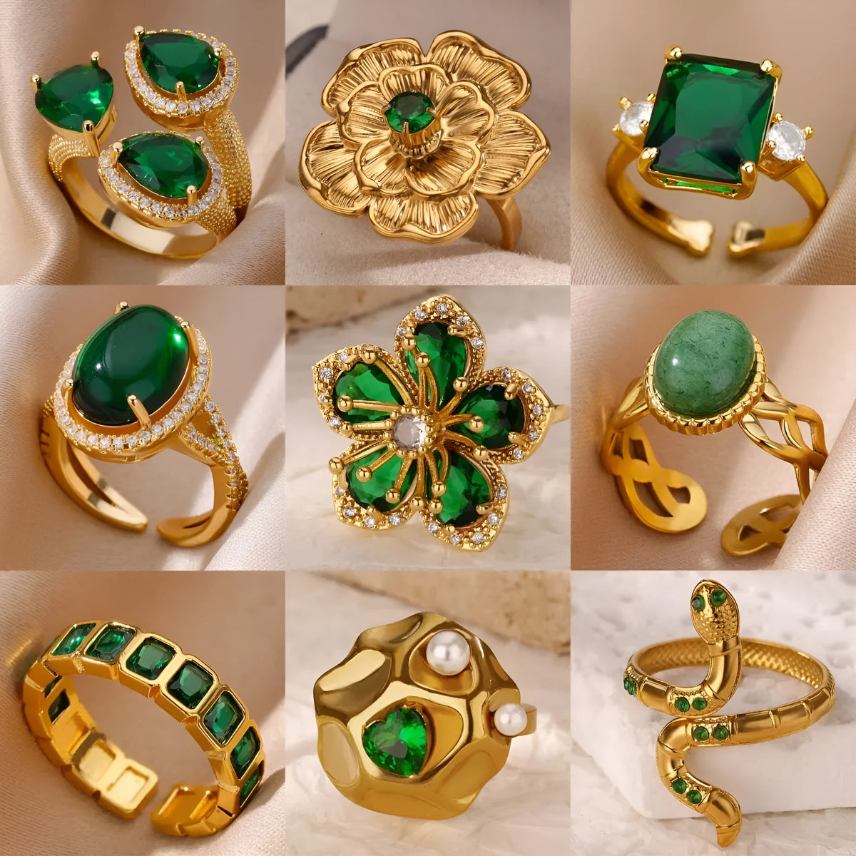 Green zircon flower ring with adjustable open-mouth stainless steel band, sizes 6 to 8, retro geometric design