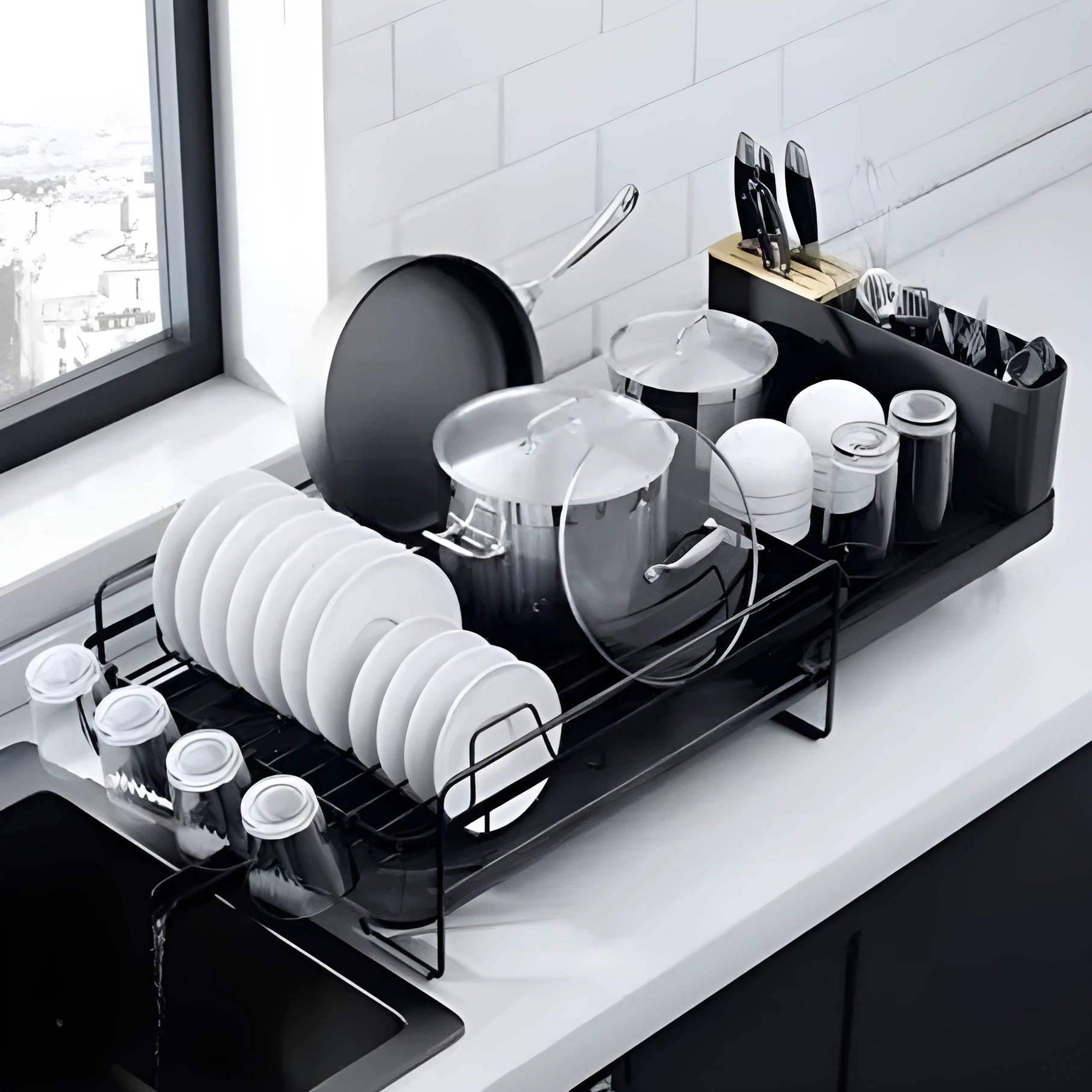 Retractable carbon steel cutlery drain rack in folded position showing modern design