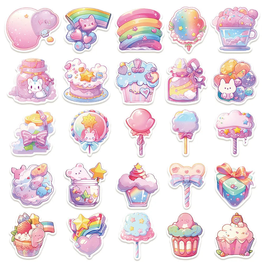 Pack of 50 sheets of fresh candy and small object design waterproof decorative stickers.