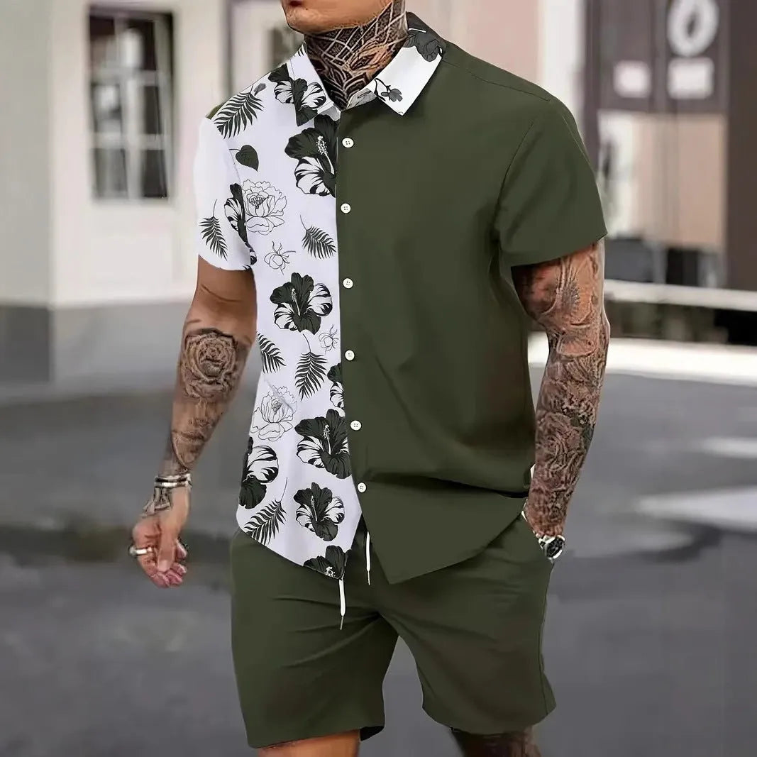 Men's short sleeve Hawaii shirt and matching shorts with a colourful 3D printed tropical pattern