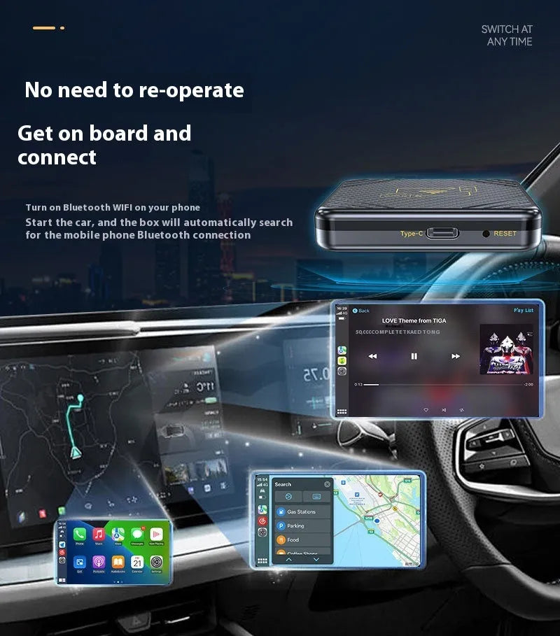 Wireless CarPlay and Android Auto smart box in gold or white ABS plastic housing with USB connector
