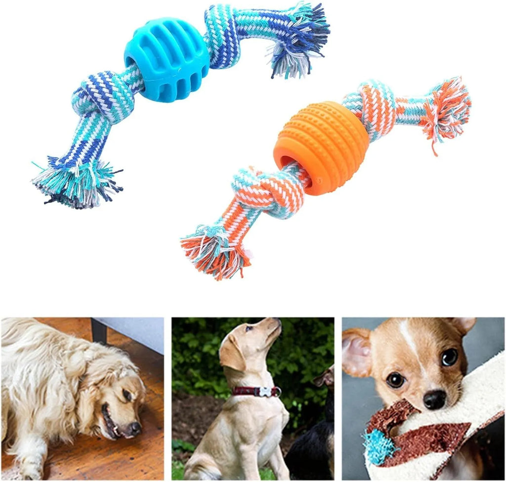 Blue dog chew toy with rope texture for cleaning teeth and protecting oral health.