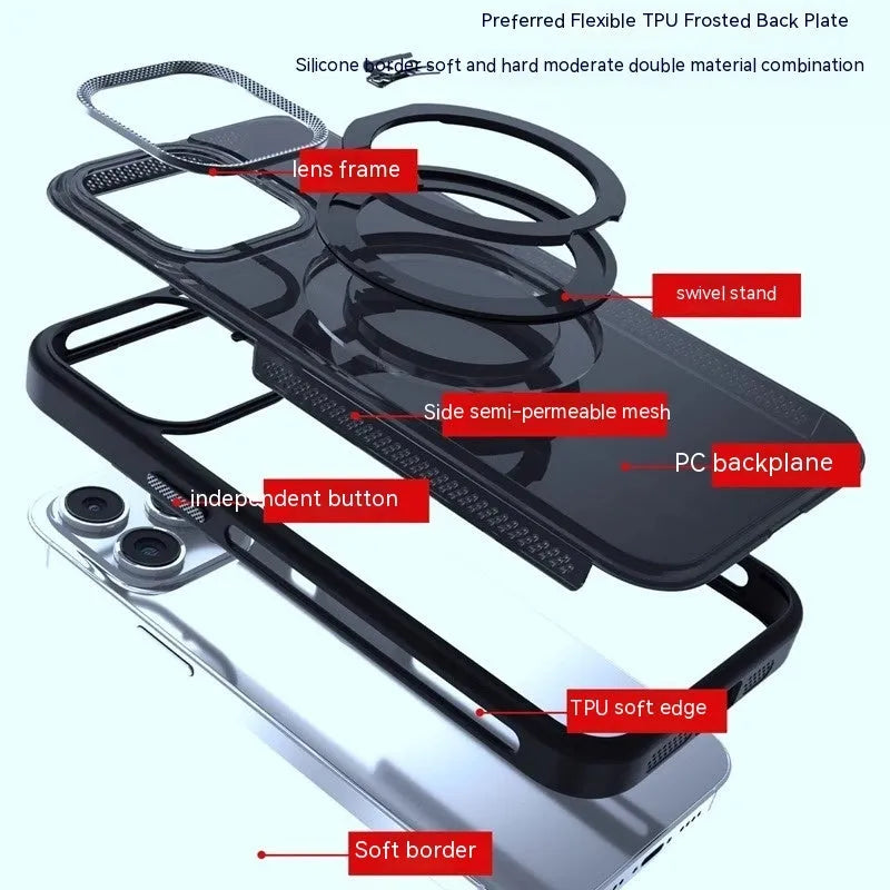 Rotating bracket magnetic suction iPhone case in deep sea blue, showing frosted silicone finish and integrated stand.