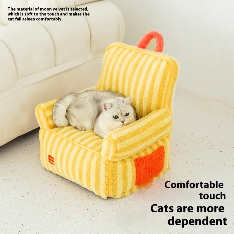 Striped orange plush pet bed for a small dog on a wooden floor.