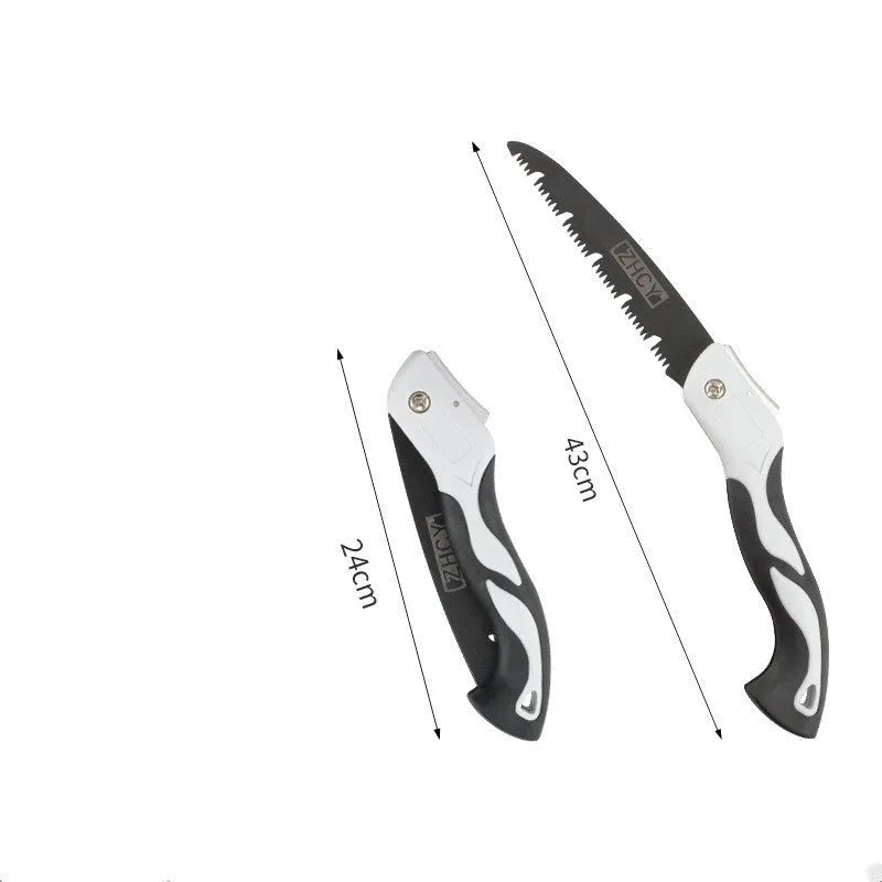 Quick folding hand saw with alloy steel blade, plastic frame, and straight blade design for woodworking
