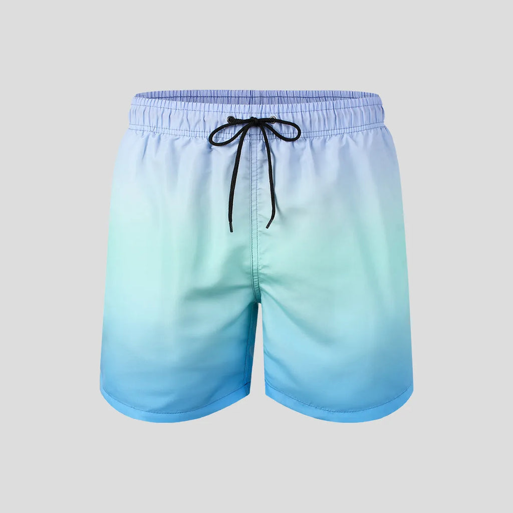 Men's grey gradient colour 3D digital printed mesh sports shorts on a white background.