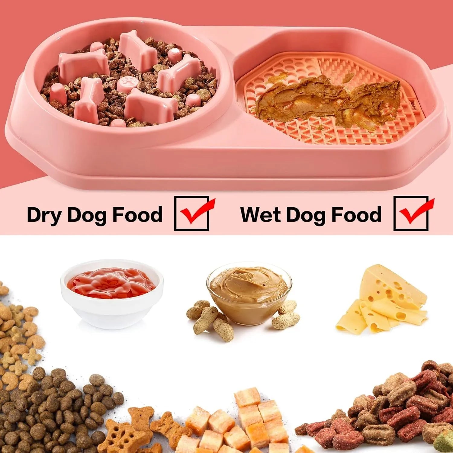 Blue slow feeder dog bowl with maze pattern for interactive feeding, showing non-slip pads on base.